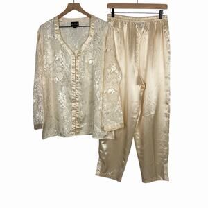 Vintage Womens Silky Satin 2PC Pajama Set Large Ivory Jacquard Long Sleeve Pants